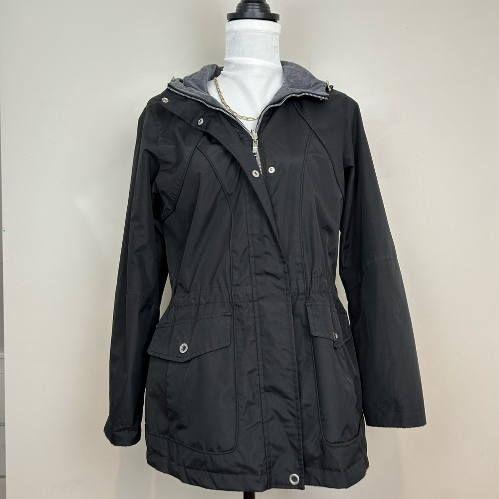 Black Anorak Hooded Rain Jacket Fur Lined Windbreaker 3/4 Length Car Coat